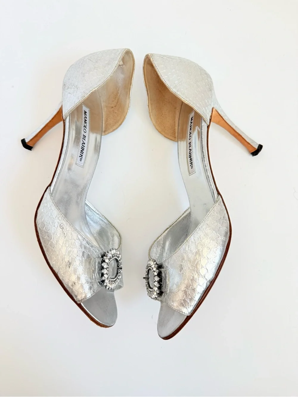 Manolo Blahnik Sedaraby Silver Python Crystal Buckle D’Orsay Mule Heels EU 39.5